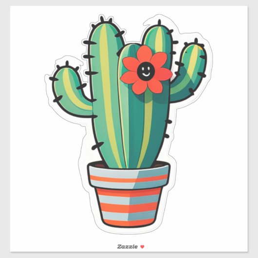 サボテンの鉢植えと花のかわいいキャラクター シール (シート)