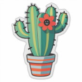 サボテンの鉢植えと花のかわいいキャラクター シール (正面)