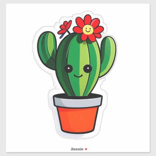 サボテンの鉢植えの可愛いイラスト 花付き シール (シート)