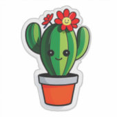 サボテンの鉢植えの可愛いイラスト 花付き シール (正面)
