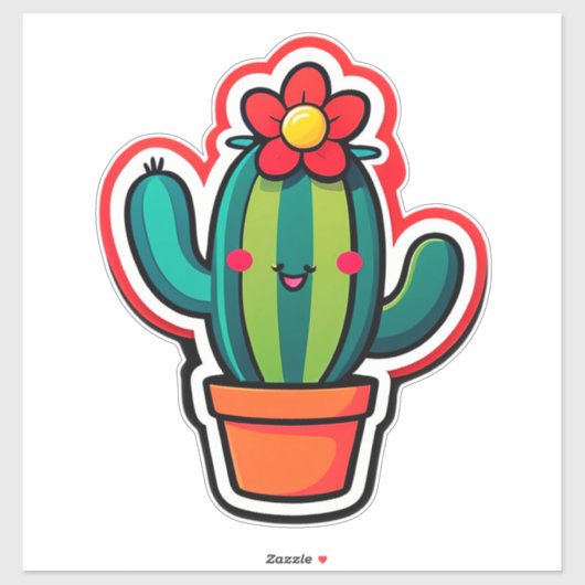 サボテンの鉢植えの可愛いイラスト 花付き シール (シート)