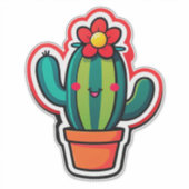 サボテンの鉢植えの可愛いイラスト 花付き シール (正面)