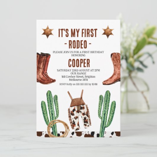 サボテンは私の最初のロデオの1番目の誕生日をブーツ 招待状 (スタンド正面)