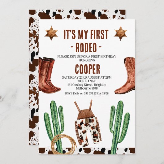 サボテンは私の最初のロデオの1番目の誕生日をブーツ 招待状 (正面/裏面)