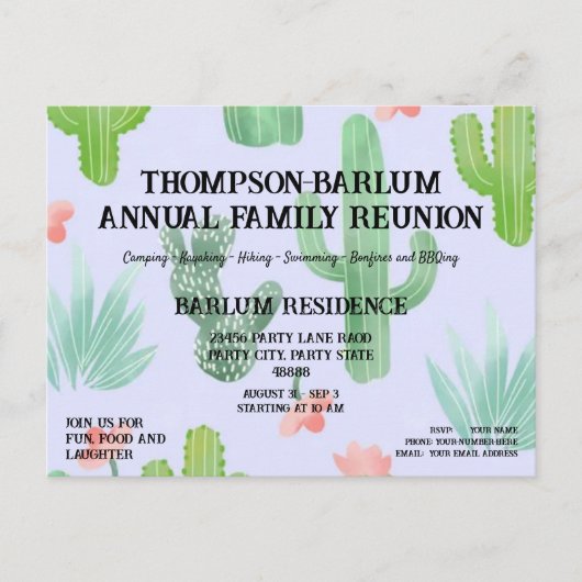 サボテンをテーマにしたファミリー懇親会招待状 ポストカード (正面)