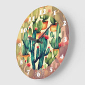サボテンカラフルの水彩画 ラージ壁時計 (傾斜)