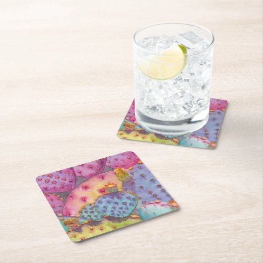 サボテンカラフルギフトセットのコースターの水彩色 スクエアペーパーコースター (インサイチュ)