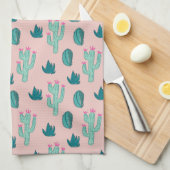 サボテンパターンピンクおよび緑 キッチンタオル (四つ折り)