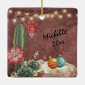 サボテンパーソナライズされたと多肉果クリスマス セラミックオーナメント (裏面)