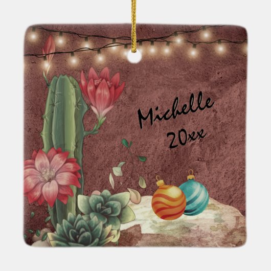 サボテンパーソナライズされたと多肉果クリスマス セラミックオーナメント (裏面)