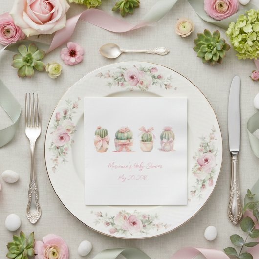 サボテンピンクリボンベビーガールシャワーナプキンズ スタンダードランチョンナプキン