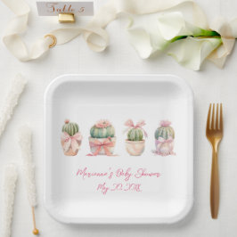 サボテンピンクリボンベビーガールシャワー ペーパープレート