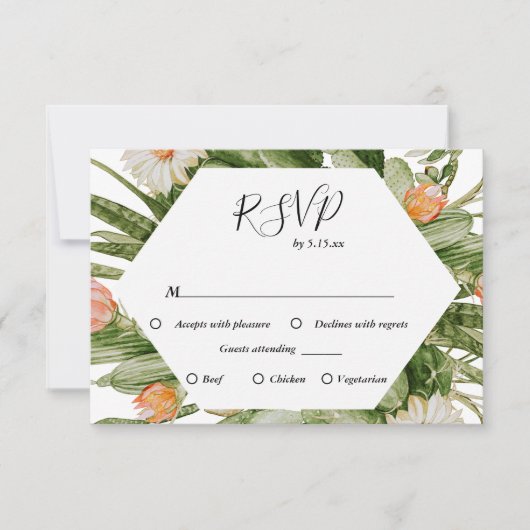 サボテンフローラデザートモノグラムウェディングRSVPカード 出欠カード (正面)