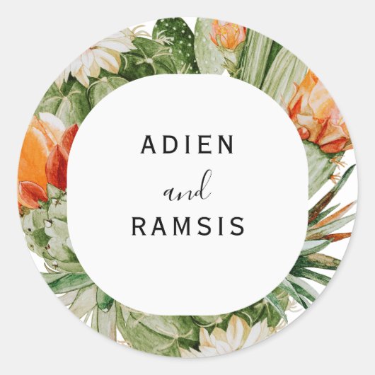 サボテンフローラ結婚砂漠のステッカー ラウンドシール (正面)