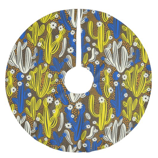 サボテンヴィンテージパターン、黒い背景。 ブラッシュドポリエステルツリースカート (正面)