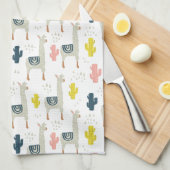 サボテン及びラマパターン キッチンタオル (四つ折り)