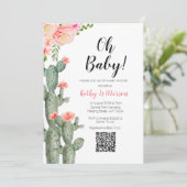 サボテン多肉女の赤ちゃんシャワーピンクの花QR 招待状 (スタンド正面)