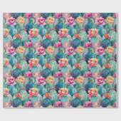 サボテン多肉水色植物模様 ラッピングペーパー (フラット)