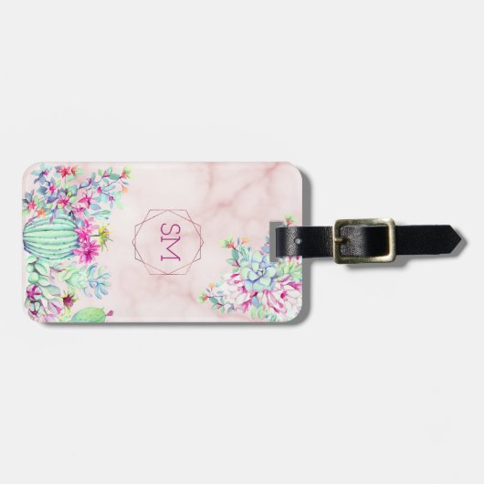 サボテン多肉質赤面大理石幾何学モノグラム ラゲッジタグ (正面横)