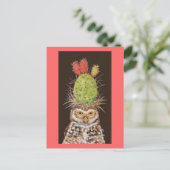 サボテン帽子ハガキ付き穴掘りフクロウ ポストカード (スタンド正面)