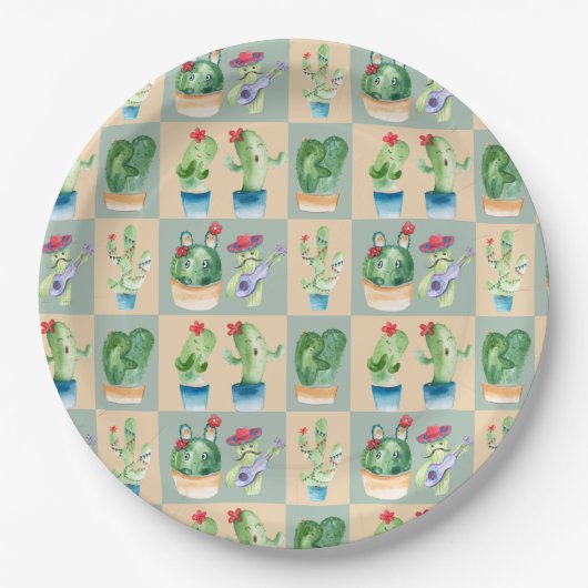 サボテン愛 – 水彩(2) ペーパープレート (正面)
