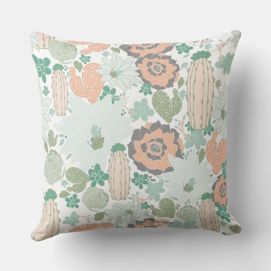 サボテン柄プリントかわいいコーラルミントグリーンホワイト クッション (裏面)