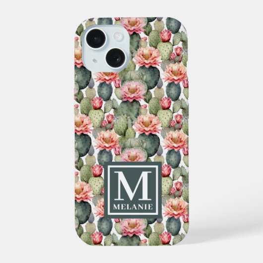 サボテン柄 ピンクの花 モノグラム iPhone 15ケース (裏面)
