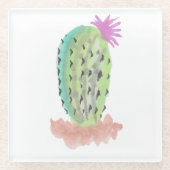 サボテン植物手絵を描水色ピンクグリーン ガラスコースター (正面)