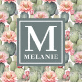 サボテン模様ピンクの花モノグラム シール (正面)