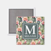 サボテン模様ピンクの花モノグラム マグネット (正面/裏面)