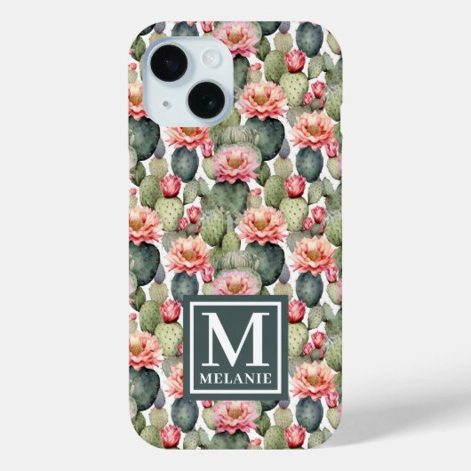 サボテン模様ピンクの花モノグラム Case-Mate iPhoneケース (裏面)