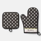 サボテン模様ブラック名デザートサウスウェストおもしろい 鍋つかみ&鍋敷きセット (正面)