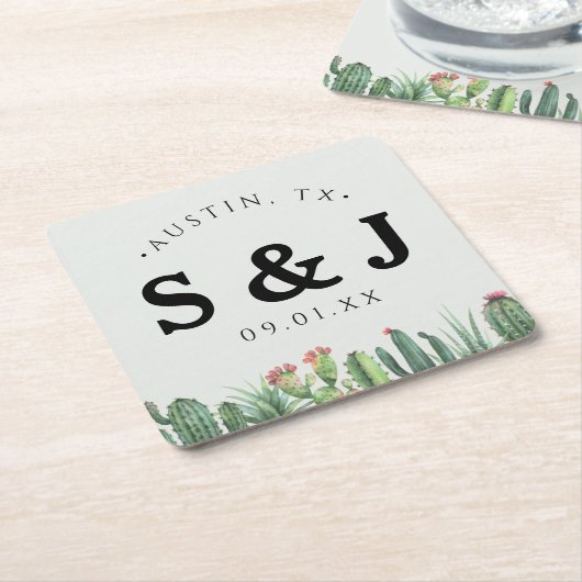 サボテン水彩セージ園デザートグリーン結婚ズ スクエアペーパーコースター (アングル)