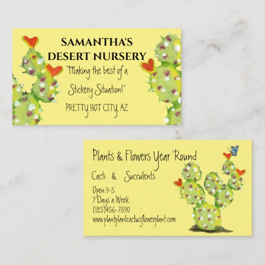 サボテン水彩赤いハート花黄砂漠 名刺 (正面/裏面)
