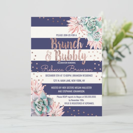 サボテン海軍ストライプのばら色の金ゴールドのブランチおよび快活 招待状 (スタンド正面)