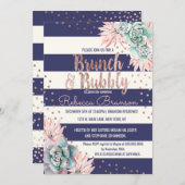 サボテン海軍ストライプのばら色の金ゴールドのブランチおよび快活 招待状 (正面/裏面)