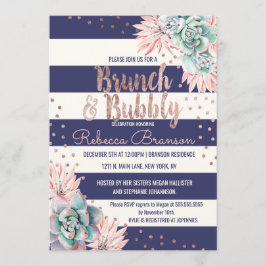 サボテン海軍ストライプのばら色の金ゴールドのブランチおよび快活 招待状