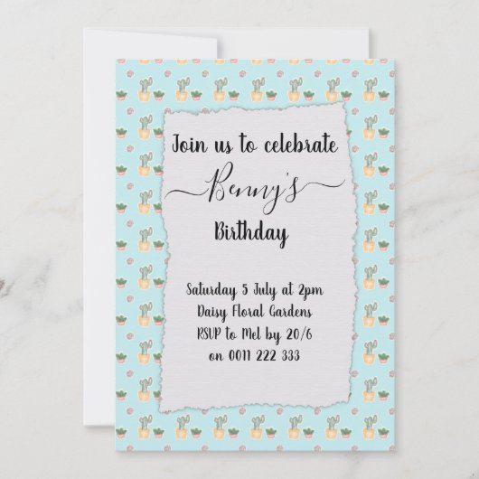 サボテン熱狂する誕生日パーティー 招待状 (正面)