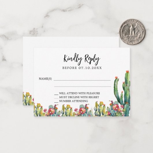 サボテン砂漠花模様結婚の対応RSVP ノートカード (正面/裏面インサイチュ)