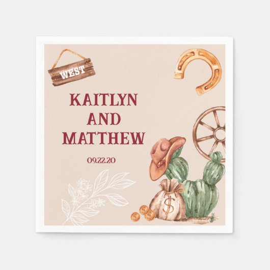 サボテン素朴ブラウン結婚ウェスタン スタンダードカクテルナプキン (正面)