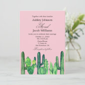 サボテン結婚ズの。緑色の多肉質。ピンクモダン色 招待状 (スタンド正面)