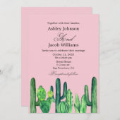 サボテン結婚ズの。緑色の多肉質。ピンクモダン色 招待状 (正面/裏面)