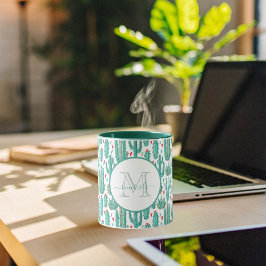 サボテン緑お洒落白モノグラムの マグカップ