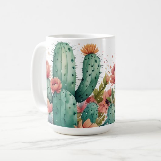 サボテン緑の多肉性の水彩園芸植物 コーヒーマグカップ (正面左)