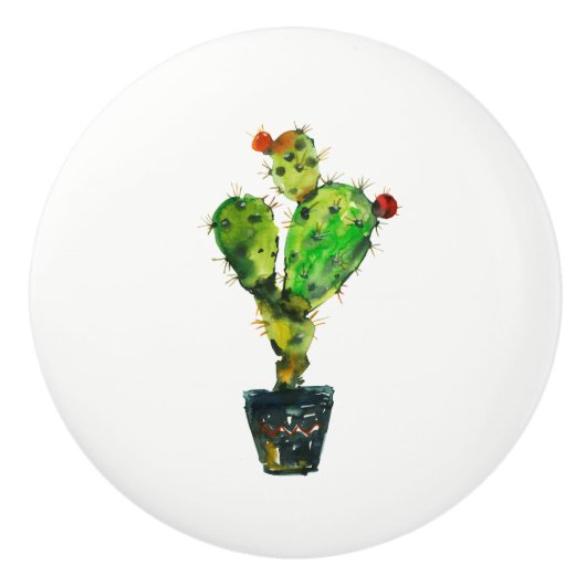 サボテン緑の砂漠の植物ボホ南西素朴西 セラミックノブ (正面)