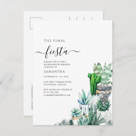 サボテン緑バチェロレッテ週末パーティー インビテーションポストカード (正面/裏面)