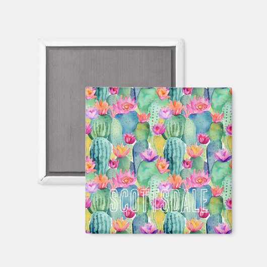 サボテン花の場所ウォーターカラーアート砂漠 マグネット (正面/裏面)