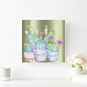 サボテン花バラ金ゴールドピーチミントグリーン絵画ズ スクエア壁時計 (ホーム)