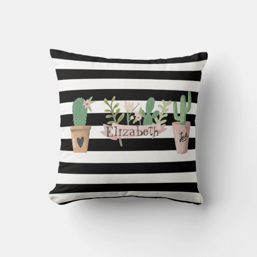 サボテン花白黒ストライプ クッション (正面)