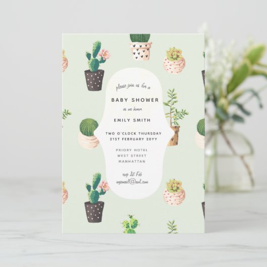 サボテン赤ちゃんシャワー招待状水色多肉汁 招待状 (スタンド正面)
